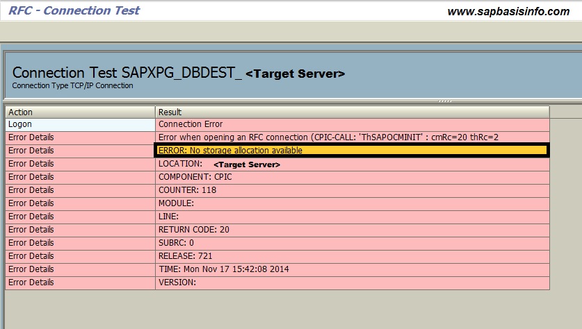 SM59 Connection ERROR:No storage allocation available for SAPXPG 