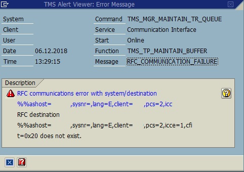 RFC Communication error with system/destination